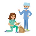 Two girls healing dog. Vet girls, pet doctors. Cute cartoon girl Royalty Free Stock Photo