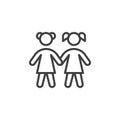 Two girls hold hands line icon