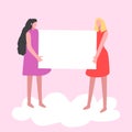 Two girls are holding a poster with copy space. Vector illustration with women. Royalty Free Stock Photo