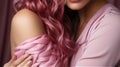 Two girls hugging gently, without face, different texture of fabric, pink wavy hair Royalty Free Stock Photo