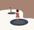 Two girls jumping on trampoline during summer holiday vacation. Royalty Free Stock Photo