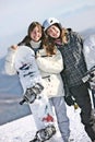 Two girls keeping snowboards