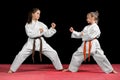 Two girls in kimono are training paired exercises karate