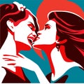 two girls kissing on a background of red and blue colors. vector illustration Generative AI Royalty Free Stock Photo