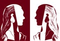 Two girls with long hair looking at each other. Red and white vector illustration. Silhouette of woman head. Royalty Free Stock Photo