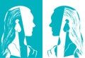 Two girls with long hair looking at each other. Turquoise and white vector illustration. Silhouette of woman head. Profile Royalty Free Stock Photo