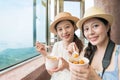 Two girls love famous Taiwanese local food Royalty Free Stock Photo