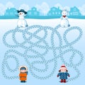 Two girls make two snowmen. Find whose is where? Children`s picture with a riddle Royalty Free Stock Photo