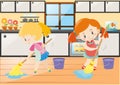 Two girls mopping the kitchen floor