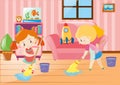 Two girls mopping living room