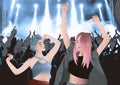 Two girls in a night concert on a festival enjoying and dancing