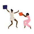 Two Girls in Pajamas Playing Pillow Fight at Slumber Party Vector Illustration