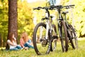 Two girls on a picnic with bikes Royalty Free Stock Photo