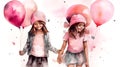 Two girls with pink balloons, happy children\'s day colorful illusstration generative ai