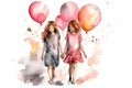 Two girls with pink balloons, happy children\'s day colorful illusstration generative ai