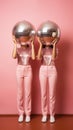 Two girls in pink clothes with disco balls instead they heads background. Vertical studio shot