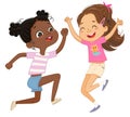 Two girls play together, happily jump and dance.