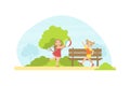 Two Girls Playing Ball in the Park, Cute Kids Having Fun Outdoors Vector Illustration Royalty Free Stock Photo