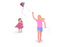 Two girls playing with kites over white background.Kids in flat style,color vector.Childhood, summertime.vector Royalty Free Stock Photo