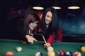 Two girls playing pool game Royalty Free Stock Photo