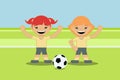 Two girls playing with a soccer ball on the same team. Flat style design Royalty Free Stock Photo