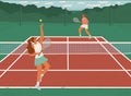 Two girls playing tennis on clay court vector illustration. Woman tennis players with rackets play in tournament Royalty Free Stock Photo