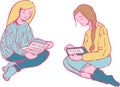 Two girls reading books. Vector illustration of two female characters reading paper and electronic books. Royalty Free Stock Photo