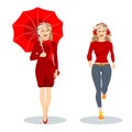 Two girls in red one with an umbrella another running around