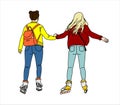 Two Girls Ride on Roller skates, Rear view. Blonde and Brunette in jeans Riding on rollers. Modern flat Vector illustration on