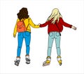 Two Girls Ride on Roller skates, Rear view. Blonde and Brunette in jeans Riding on Rollers. Modern flat Vector illustration on