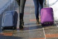 Two girls roll suitcases on wheels on the sidewalk, next to the snow. Wet and dirty.