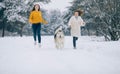 Two girls are running on a snowy forest road with a dog Alaskan Malamute Royalty Free Stock Photo