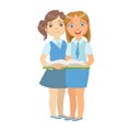 Two Girls In School Uniform Standing Reading A Book Together, Part Of Kids Loving To Read Vector Illustrations Series