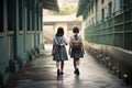 Two girls in school uniforms walk down a hallway, carrying books and talking, Two young schoolgirls walking along outdoor hallway