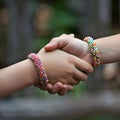 Two girls shaking hands and wear friendship bracelets Royalty Free Stock Photo