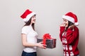 Two girls share Christmas gift box