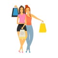 Two girls on a shopping trip color illustration isolated on white