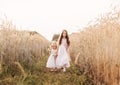 Two girls sister in white dresses walk through a wheat field by the hands Royalty Free Stock Photo