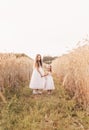 Two girls sister in white dresses walk through a wheat field by the hands Royalty Free Stock Photo