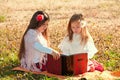 Two girls sisters read the book on the grass Royalty Free Stock Photo