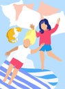 Two Girls, Sisters Sleeping Together Flat Cartoon