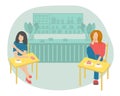 Two girls are sitting at different tables in a cafe