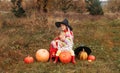 Two girls are sitting in a meadow,hugging around a lot of big and small pumpkins. the theme of Halloween Royalty Free Stock Photo
