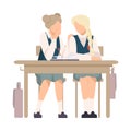 Two Girls Sitting At School Desk and Gossiping Vector Illustration