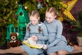 two girls are sitting by the tree. red-haired sisters read a book, celebrating the new year. teddy bear and a castle