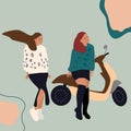 Two girls in a skirts with motorcycle or scooter.Freedom,journey,road trip concept.
