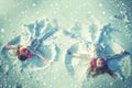 Two Girls on a snow angel shows. Children playing and making a snow angel in the snow. Top view. Royalty Free Stock Photo