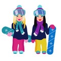 Two girls on snowboard, blonde and brunette.