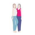 Two girls stand hugging. Lovely happy best friends girls hugging. Simple flat vector illustration. Royalty Free Stock Photo