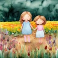 two girls standing in flower field Royalty Free Stock Photo